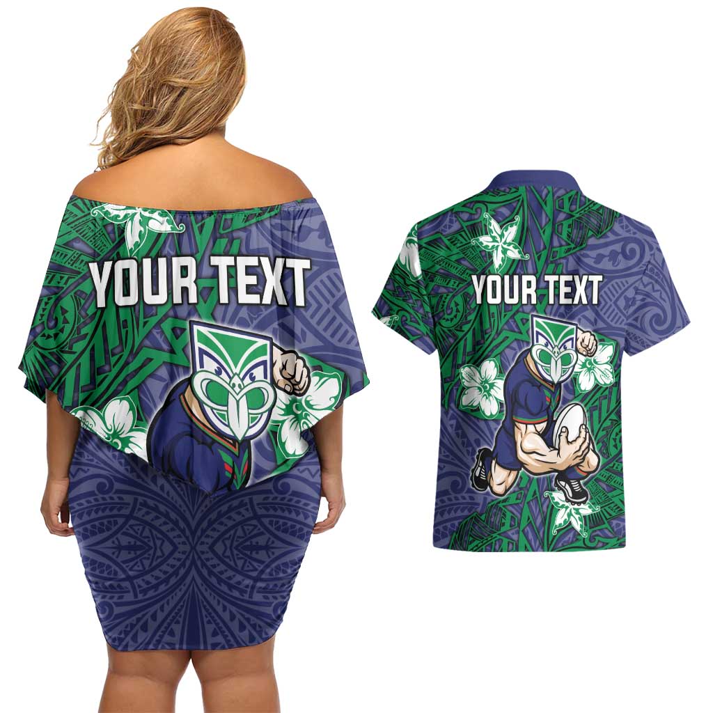 Personalised New Zealand Warriors Couples Matching Off Shoulder Short Dress and Hawaiian Shirt Polynesian Tribal Pattern With Rugby Warrior Mascot Art