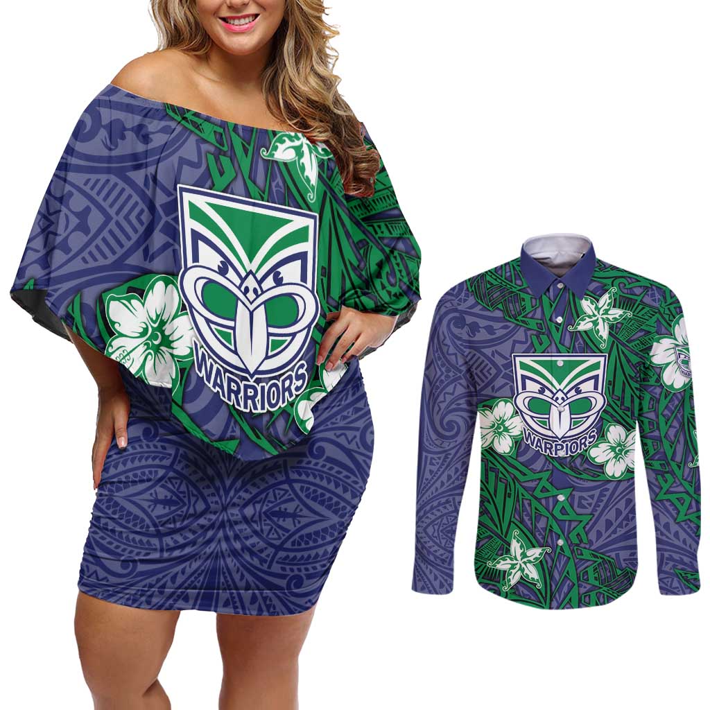 Personalised New Zealand Warriors Couples Matching Off Shoulder Short Dress and Long Sleeve Button Shirt Polynesian Tribal Pattern With Rugby Warrior Mascot Art