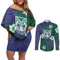 Personalised New Zealand Warriors Couples Matching Off Shoulder Short Dress and Long Sleeve Button Shirt Polynesian Tribal Pattern With Rugby Warrior Mascot Art