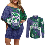 Personalised New Zealand Warriors Couples Matching Off Shoulder Short Dress and Long Sleeve Button Shirt Polynesian Tribal Pattern With Rugby Warrior Mascot Art
