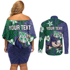 Personalised New Zealand Warriors Couples Matching Off Shoulder Short Dress and Long Sleeve Button Shirt Polynesian Tribal Pattern With Rugby Warrior Mascot Art