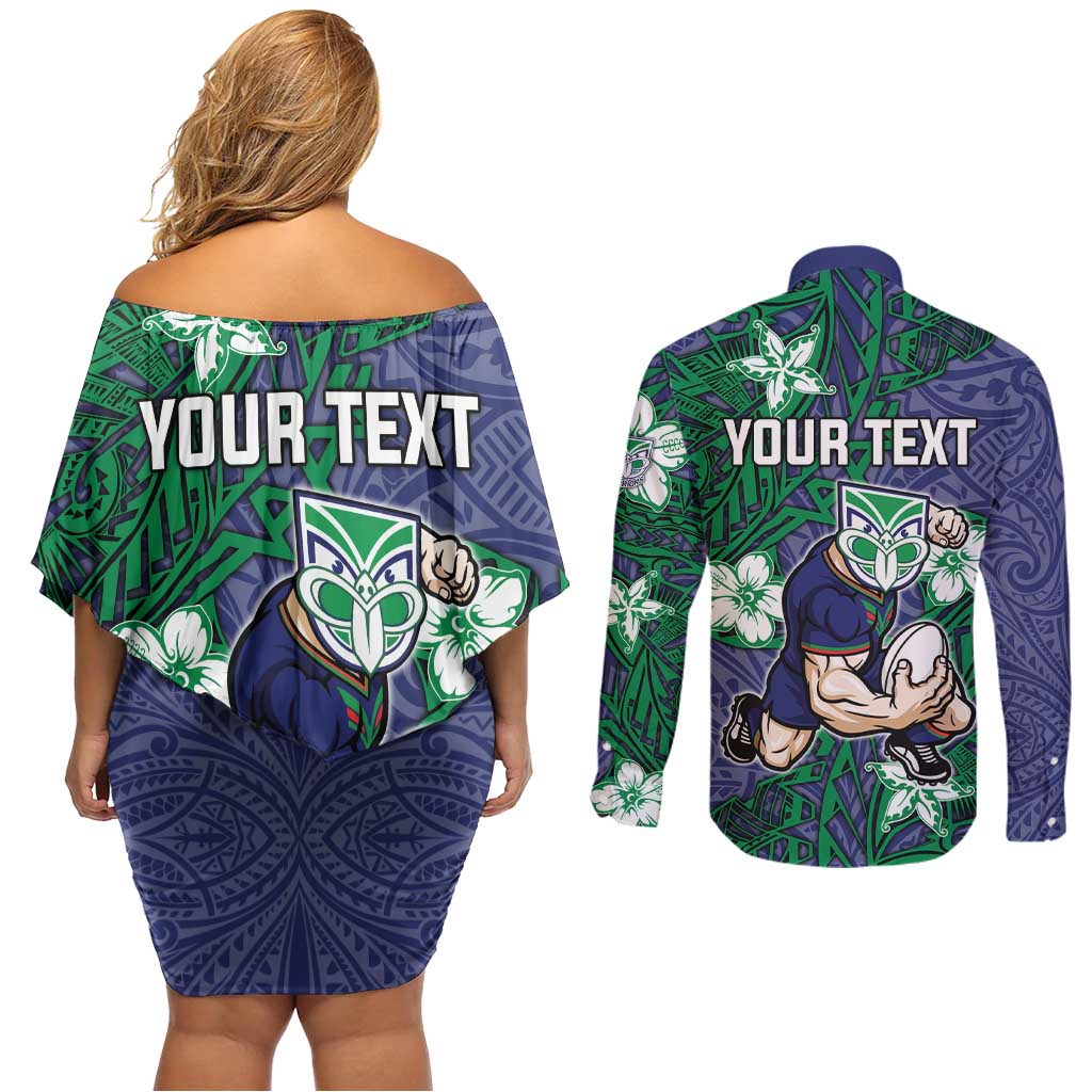 Personalised New Zealand Warriors Couples Matching Off Shoulder Short Dress and Long Sleeve Button Shirt Polynesian Tribal Pattern With Rugby Warrior Mascot Art
