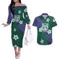 Personalised New Zealand Warriors Couples Matching Off The Shoulder Long Sleeve Dress and Hawaiian Shirt Polynesian Tribal Pattern With Rugby Warrior Mascot Art