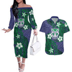 Personalised New Zealand Warriors Couples Matching Off The Shoulder Long Sleeve Dress and Hawaiian Shirt Polynesian Tribal Pattern With Rugby Warrior Mascot Art