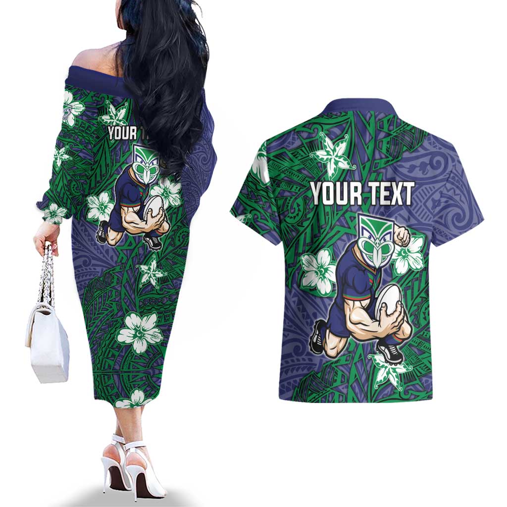 Personalised New Zealand Warriors Couples Matching Off The Shoulder Long Sleeve Dress and Hawaiian Shirt Polynesian Tribal Pattern With Rugby Warrior Mascot Art