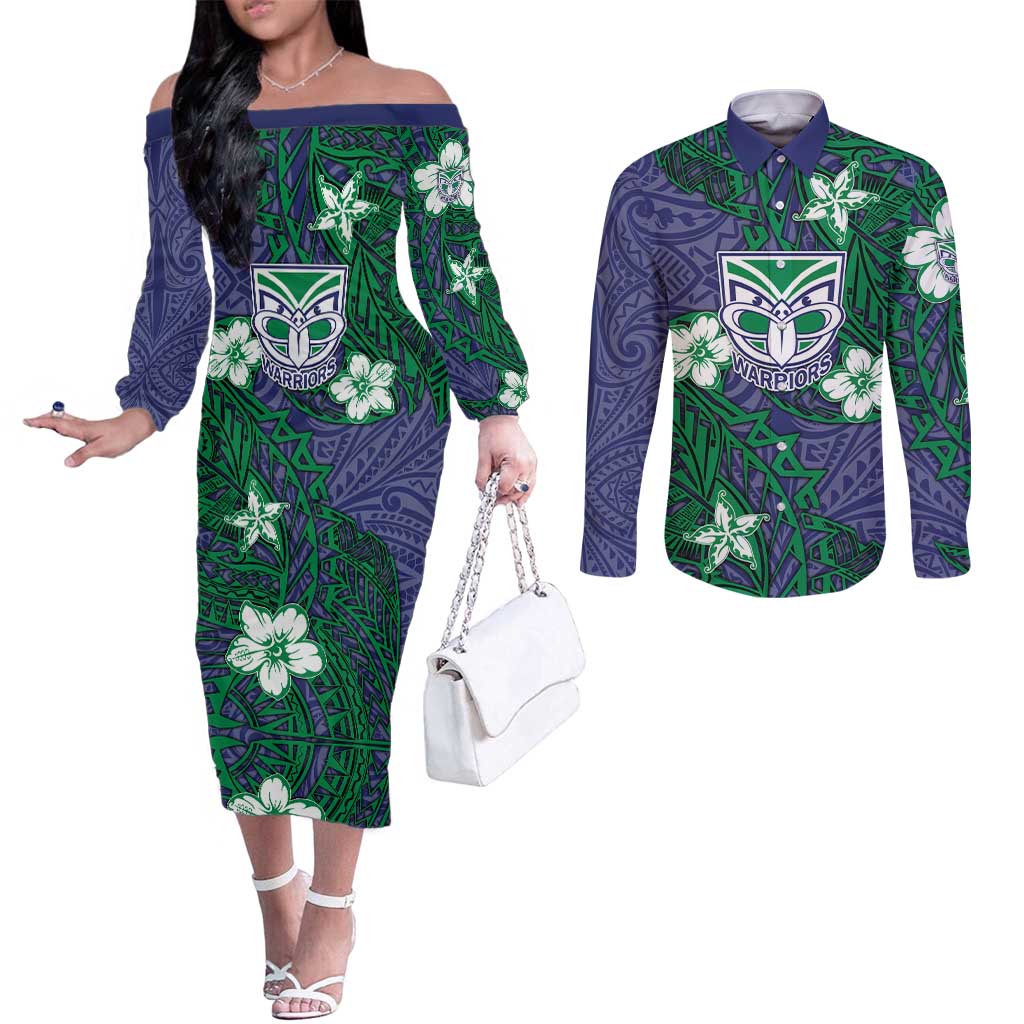 Personalised New Zealand Warriors Couples Matching Off The Shoulder Long Sleeve Dress and Long Sleeve Button Shirt Polynesian Tribal Pattern With Rugby Warrior Mascot Art