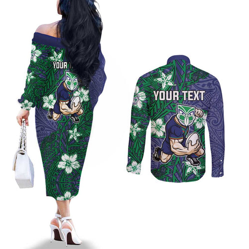Personalised New Zealand Warriors Couples Matching Off The Shoulder Long Sleeve Dress and Long Sleeve Button Shirt Polynesian Tribal Pattern With Rugby Warrior Mascot Art