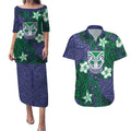 Personalised New Zealand Warriors Couples Matching Puletasi and Hawaiian Shirt Polynesian Tribal Pattern With Rugby Warrior Mascot Art