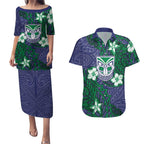 Personalised New Zealand Warriors Couples Matching Puletasi and Hawaiian Shirt Polynesian Tribal Pattern With Rugby Warrior Mascot Art