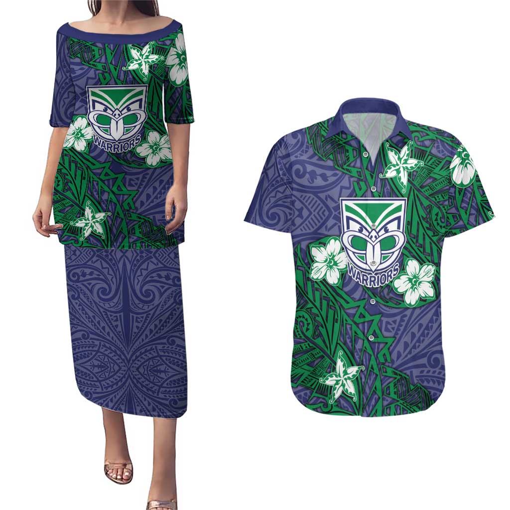 Personalised New Zealand Warriors Couples Matching Puletasi and Hawaiian Shirt Polynesian Tribal Pattern With Rugby Warrior Mascot Art