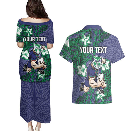 Personalised New Zealand Warriors Couples Matching Puletasi and Hawaiian Shirt Polynesian Tribal Pattern With Rugby Warrior Mascot Art