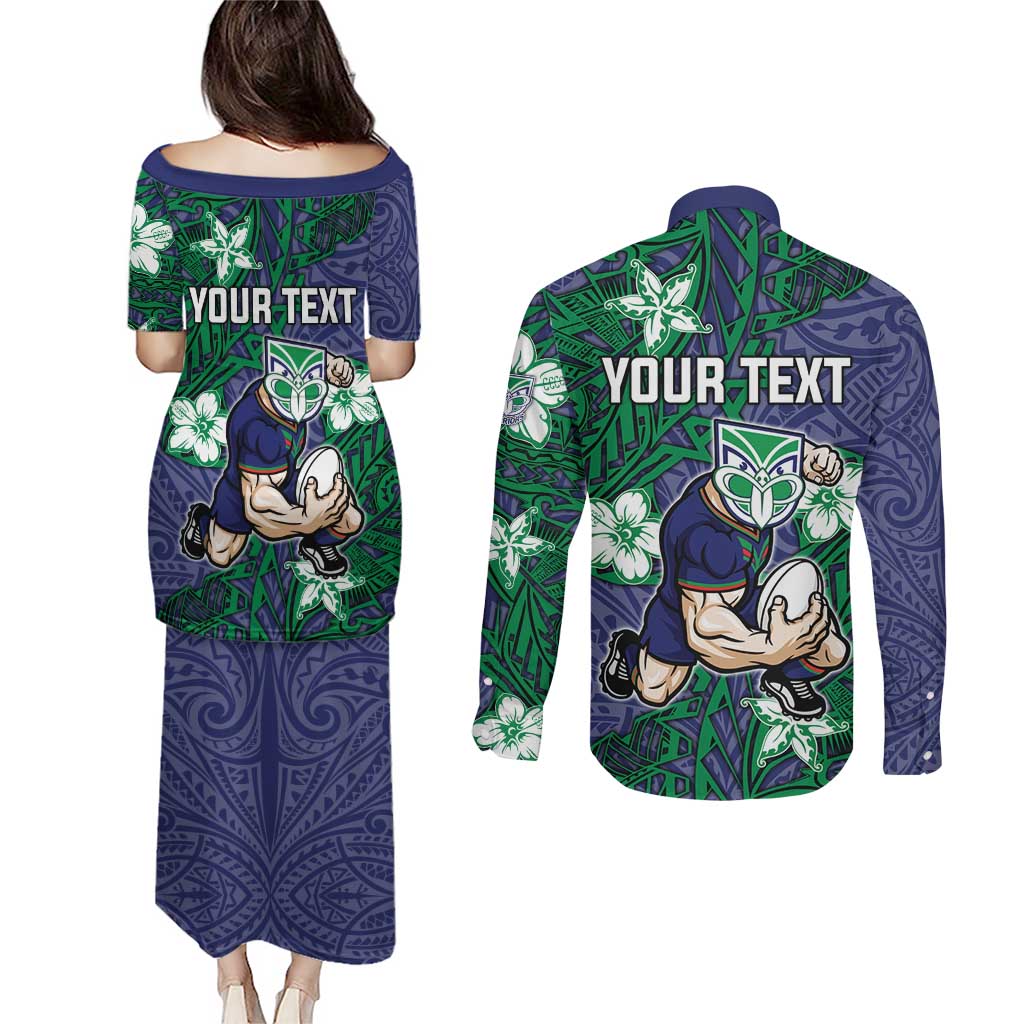 Personalised New Zealand Warriors Couples Matching Puletasi and Long Sleeve Button Shirt Polynesian Tribal Pattern With Rugby Warrior Mascot Art
