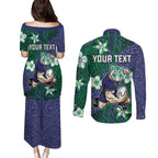 Personalised New Zealand Warriors Couples Matching Puletasi and Long Sleeve Button Shirt Polynesian Tribal Pattern With Rugby Warrior Mascot Art