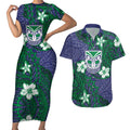 Personalised New Zealand Warriors Couples Matching Short Sleeve Bodycon Dress and Hawaiian Shirt Polynesian Tribal Pattern With Rugby Warrior Mascot Art