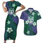Personalised New Zealand Warriors Couples Matching Short Sleeve Bodycon Dress and Hawaiian Shirt Polynesian Tribal Pattern With Rugby Warrior Mascot Art