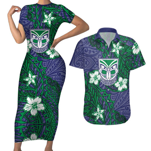 Personalised New Zealand Warriors Couples Matching Short Sleeve Bodycon Dress and Hawaiian Shirt Polynesian Tribal Pattern With Rugby Warrior Mascot Art