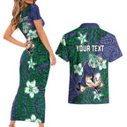 Personalised New Zealand Warriors Couples Matching Short Sleeve Bodycon Dress and Hawaiian Shirt Polynesian Tribal Pattern With Rugby Warrior Mascot Art