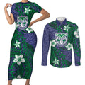 Personalised New Zealand Warriors Couples Matching Short Sleeve Bodycon Dress and Long Sleeve Button Shirt Polynesian Tribal Pattern With Rugby Warrior Mascot Art