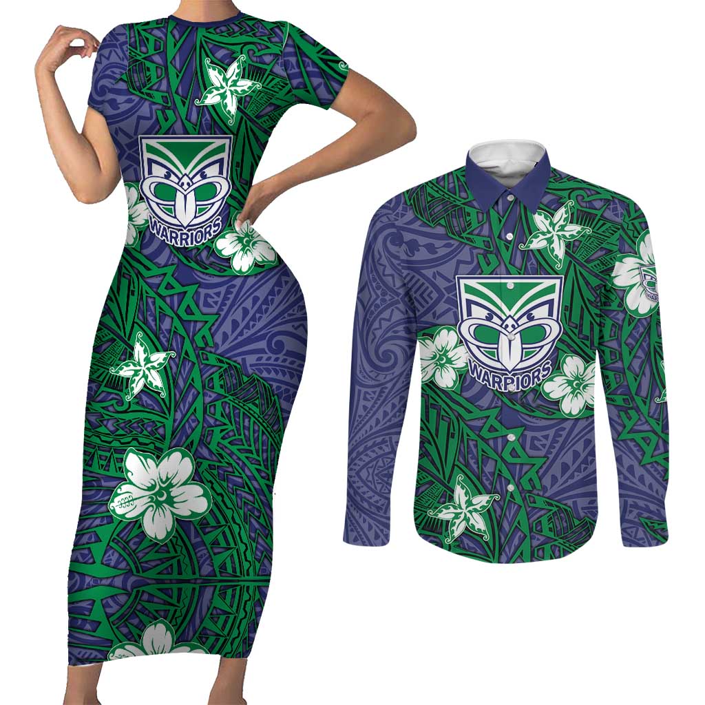 Personalised New Zealand Warriors Couples Matching Short Sleeve Bodycon Dress and Long Sleeve Button Shirt Polynesian Tribal Pattern With Rugby Warrior Mascot Art