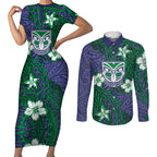 Personalised New Zealand Warriors Couples Matching Short Sleeve Bodycon Dress and Long Sleeve Button Shirt Polynesian Tribal Pattern With Rugby Warrior Mascot Art