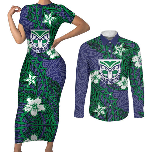 Personalised New Zealand Warriors Couples Matching Short Sleeve Bodycon Dress and Long Sleeve Button Shirt Polynesian Tribal Pattern With Rugby Warrior Mascot Art