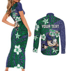 Personalised New Zealand Warriors Couples Matching Short Sleeve Bodycon Dress and Long Sleeve Button Shirt Polynesian Tribal Pattern With Rugby Warrior Mascot Art