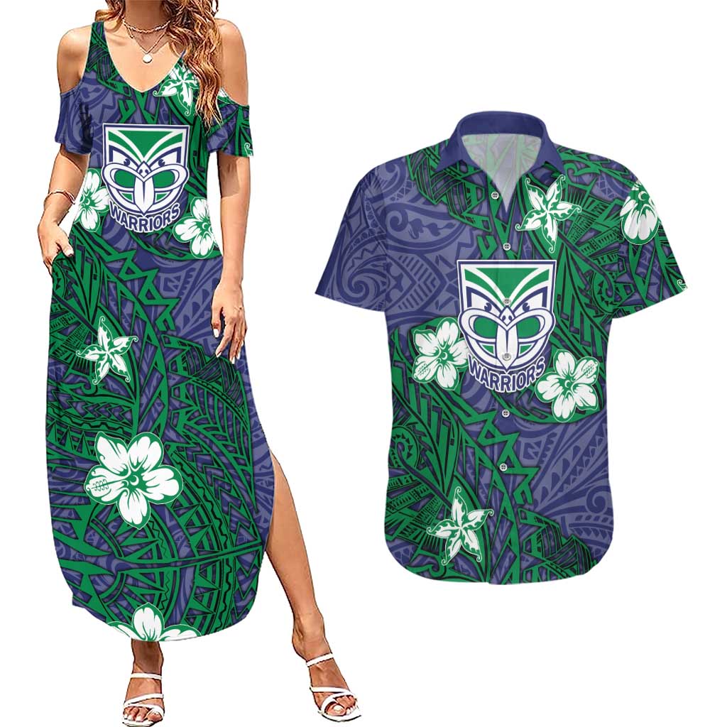 Personalised New Zealand Warriors Couples Matching Summer Maxi Dress and Hawaiian Shirt Polynesian Tribal Pattern With Rugby Warrior Mascot Art