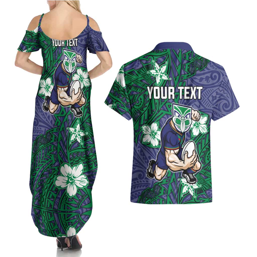 Personalised New Zealand Warriors Couples Matching Summer Maxi Dress and Hawaiian Shirt Polynesian Tribal Pattern With Rugby Warrior Mascot Art