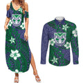Personalised New Zealand Warriors Couples Matching Summer Maxi Dress and Long Sleeve Button Shirt Polynesian Tribal Pattern With Rugby Warrior Mascot Art