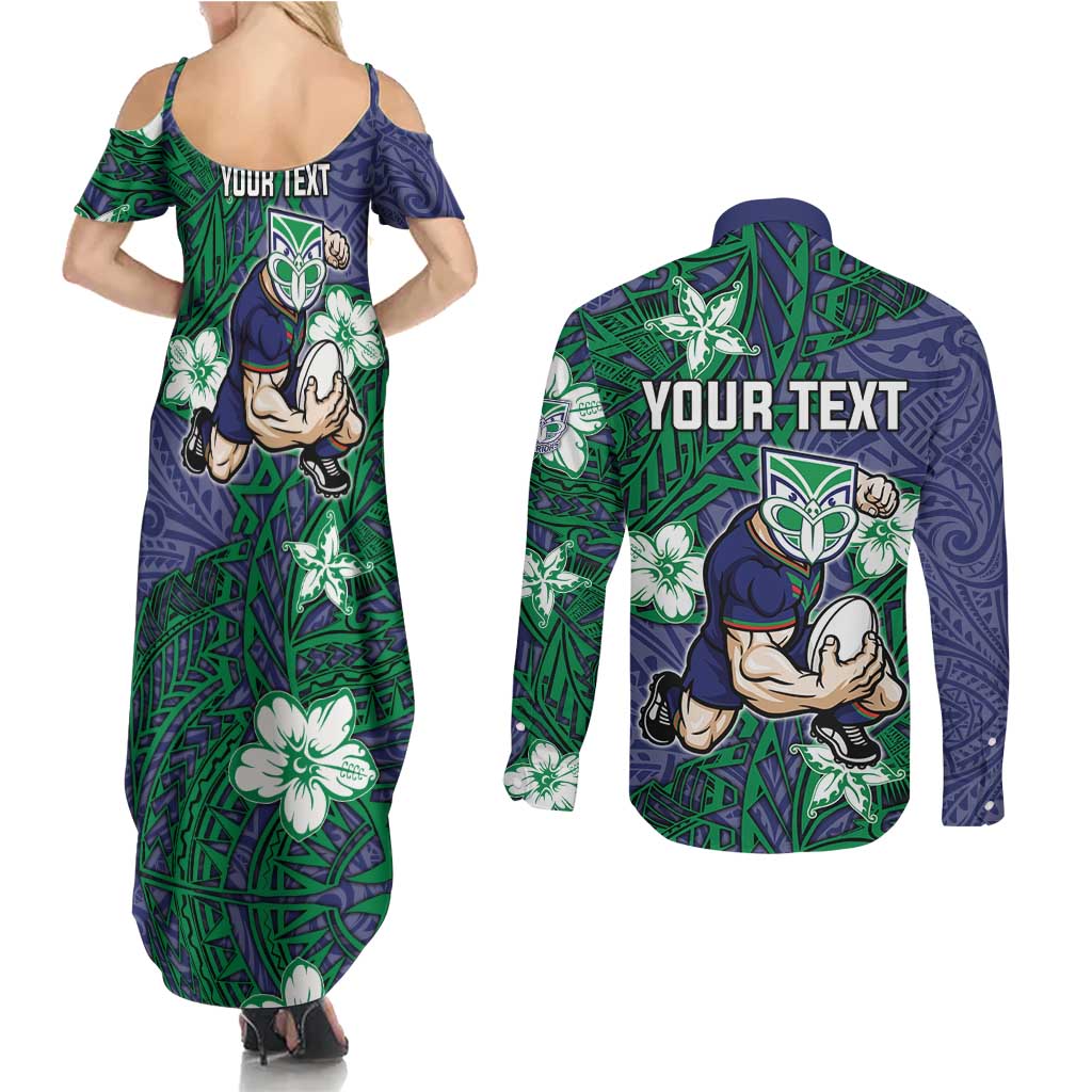Personalised New Zealand Warriors Couples Matching Summer Maxi Dress and Long Sleeve Button Shirt Polynesian Tribal Pattern With Rugby Warrior Mascot Art