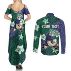 Personalised New Zealand Warriors Couples Matching Summer Maxi Dress and Long Sleeve Button Shirt Polynesian Tribal Pattern With Rugby Warrior Mascot Art