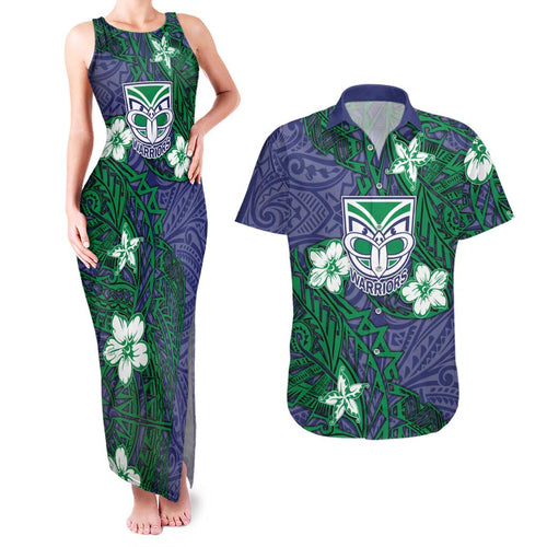 Personalised New Zealand Warriors Couples Matching Tank Maxi Dress and Hawaiian Shirt Polynesian Tribal Pattern With Rugby Warrior Mascot Art