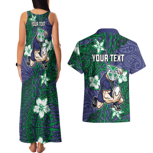Personalised New Zealand Warriors Couples Matching Tank Maxi Dress and Hawaiian Shirt Polynesian Tribal Pattern With Rugby Warrior Mascot Art