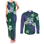 Personalised New Zealand Warriors Couples Matching Tank Maxi Dress and Long Sleeve Button Shirt Polynesian Tribal Pattern With Rugby Warrior Mascot Art