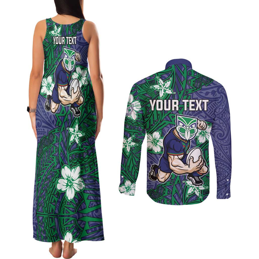 Personalised New Zealand Warriors Couples Matching Tank Maxi Dress and Long Sleeve Button Shirt Polynesian Tribal Pattern With Rugby Warrior Mascot Art
