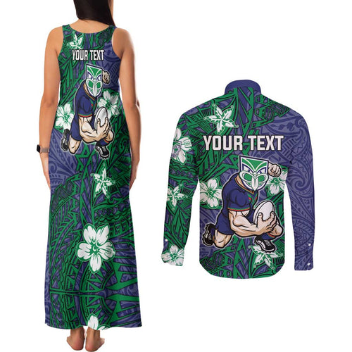 Personalised New Zealand Warriors Couples Matching Tank Maxi Dress and Long Sleeve Button Shirt Polynesian Tribal Pattern With Rugby Warrior Mascot Art