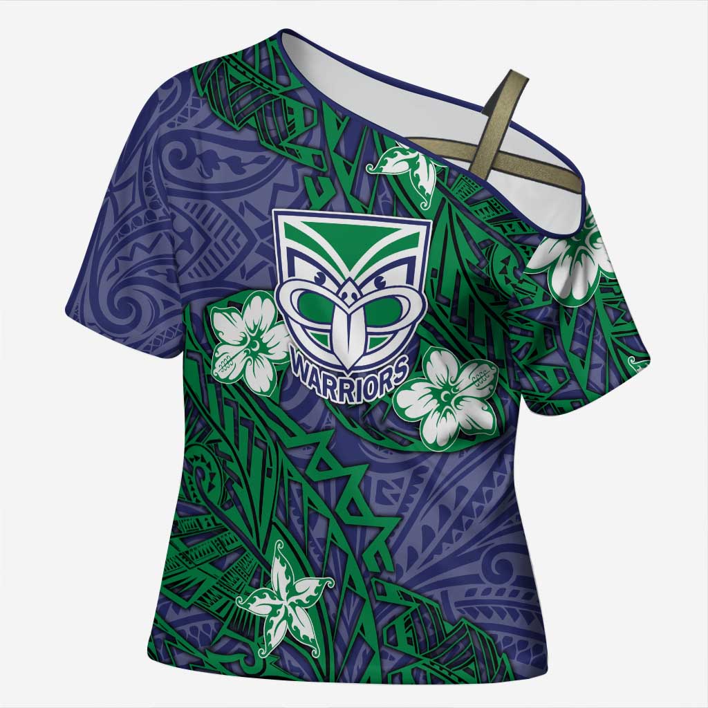 Personalised New Zealand Warriors Cross Shoulder Shirt Polynesian Tribal Pattern With Rugby Warrior Mascot Art