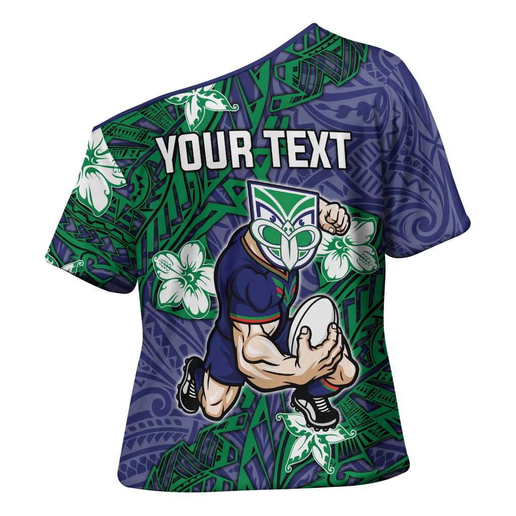 Personalised New Zealand Warriors Cross Shoulder Shirt Polynesian Tribal Pattern With Rugby Warrior Mascot Art