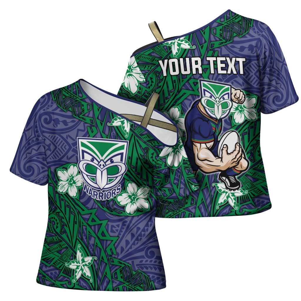 Personalised New Zealand Warriors Cross Shoulder Shirt Polynesian Tribal Pattern With Rugby Warrior Mascot Art