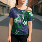 Personalised New Zealand Warriors Cross Shoulder Shirt Polynesian Tribal Pattern With Rugby Warrior Mascot Art