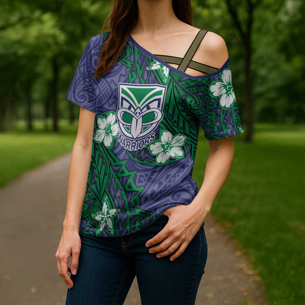 Personalised New Zealand Warriors Cross Shoulder Shirt Polynesian Tribal Pattern With Rugby Warrior Mascot Art