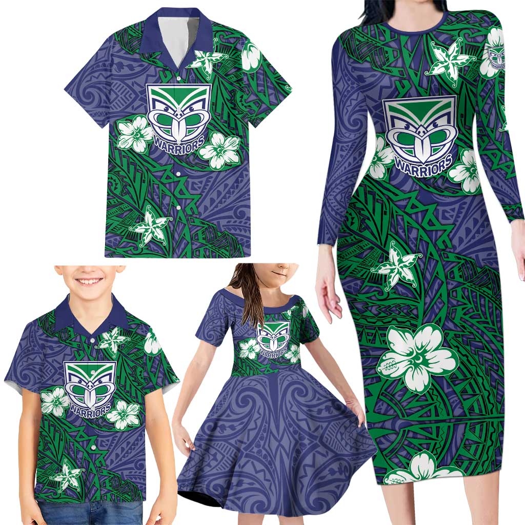 Personalised New Zealand Warriors Family Matching Long Sleeve Bodycon Dress and Hawaiian Shirt Polynesian Tribal Pattern With Rugby Warrior Mascot Art