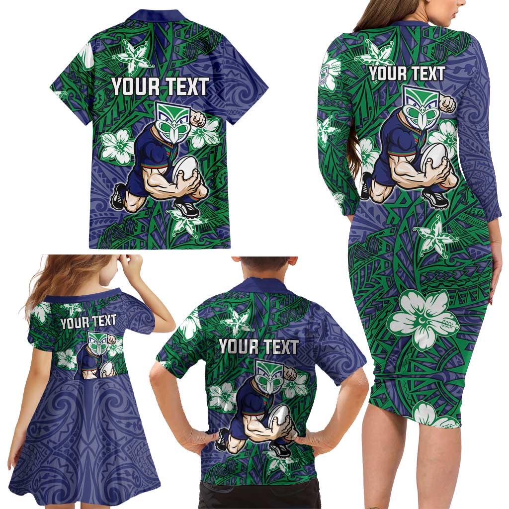 Personalised New Zealand Warriors Family Matching Long Sleeve Bodycon Dress and Hawaiian Shirt Polynesian Tribal Pattern With Rugby Warrior Mascot Art