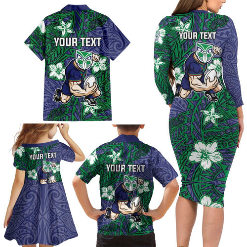 Personalised New Zealand Warriors Family Matching Long Sleeve Bodycon Dress and Hawaiian Shirt Polynesian Tribal Pattern With Rugby Warrior Mascot Art