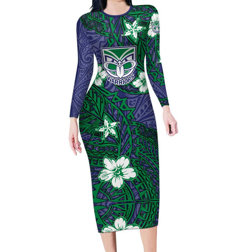 Personalised New Zealand Warriors Family Matching Long Sleeve Bodycon Dress and Hawaiian Shirt Polynesian Tribal Pattern With Rugby Warrior Mascot Art