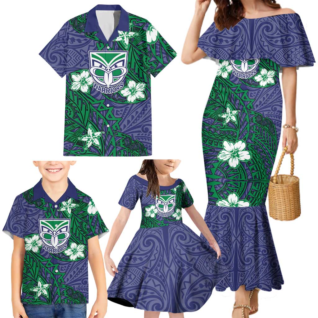 Personalised New Zealand Warriors Family Matching Mermaid Dress and Hawaiian Shirt Polynesian Tribal Pattern With Rugby Warrior Mascot Art