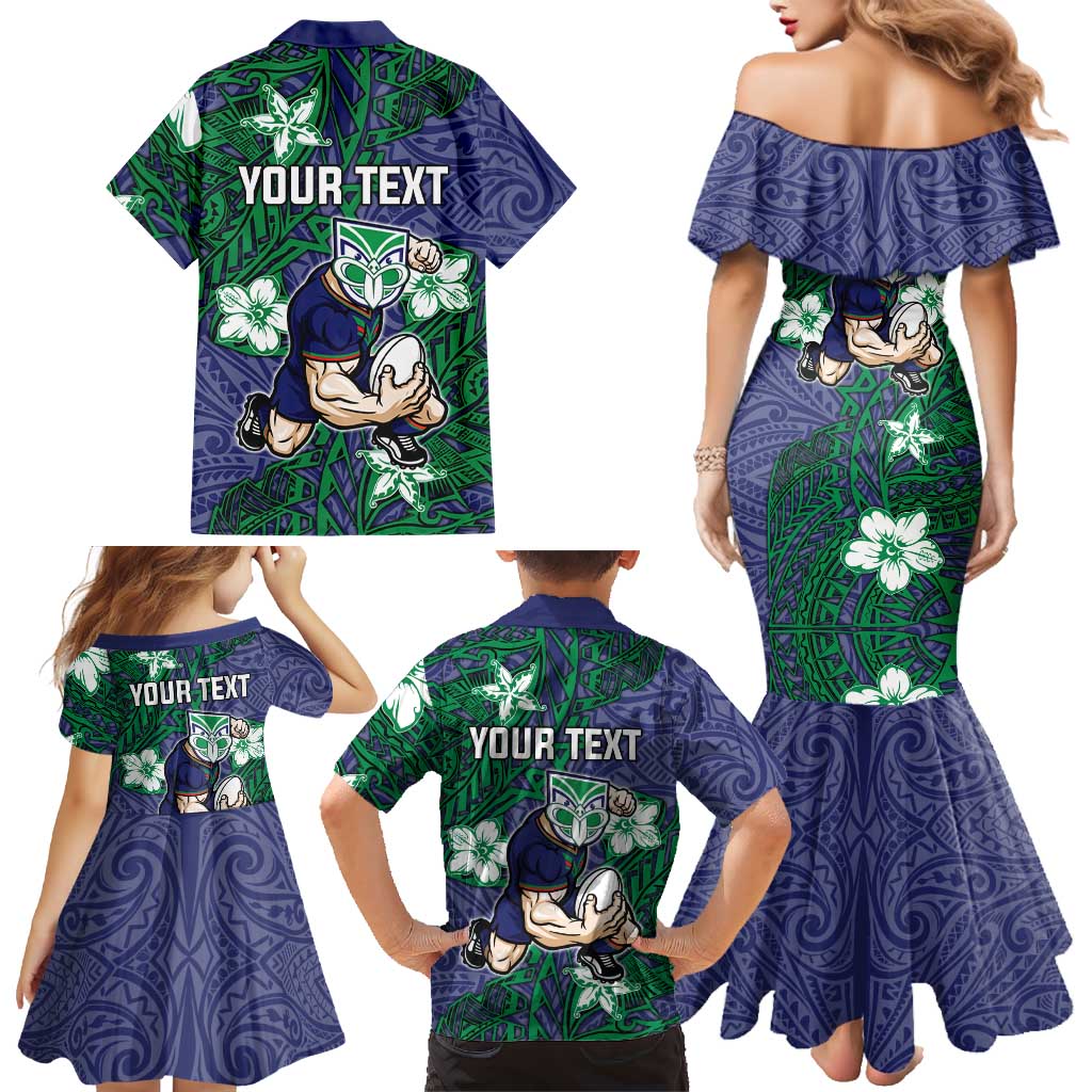 Personalised New Zealand Warriors Family Matching Mermaid Dress and Hawaiian Shirt Polynesian Tribal Pattern With Rugby Warrior Mascot Art