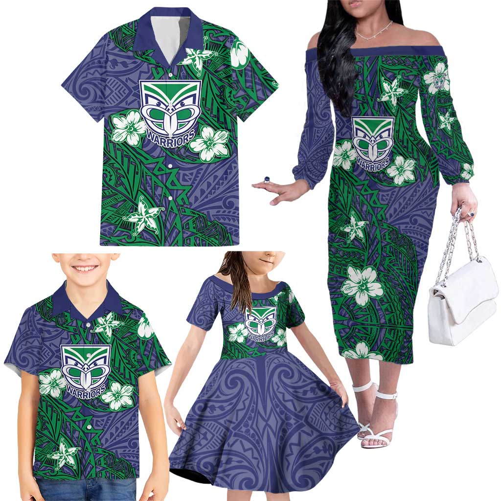 Personalised New Zealand Warriors Family Matching Off The Shoulder Long Sleeve Dress and Hawaiian Shirt Polynesian Tribal Pattern With Rugby Warrior Mascot Art