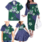 Personalised New Zealand Warriors Family Matching Off The Shoulder Long Sleeve Dress and Hawaiian Shirt Polynesian Tribal Pattern With Rugby Warrior Mascot Art