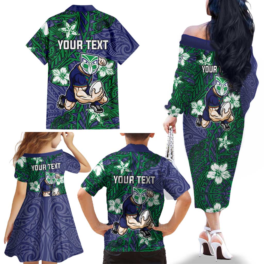 Personalised New Zealand Warriors Family Matching Off The Shoulder Long Sleeve Dress and Hawaiian Shirt Polynesian Tribal Pattern With Rugby Warrior Mascot Art